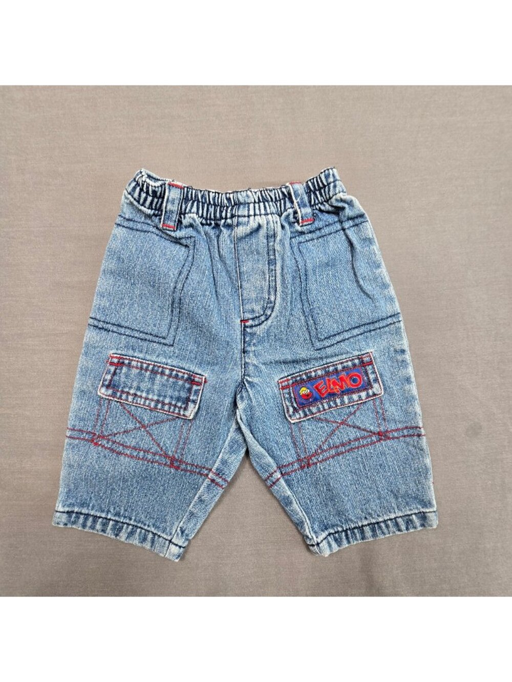 Vintage Sesame Street Elmo Boys 0-3M Denim Cargo Shorts Elmo Elastic Waist Blue
